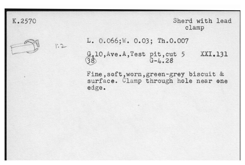 Index card with typed and handwritten information, sometimes including a sketch, of pottery from an excavation.