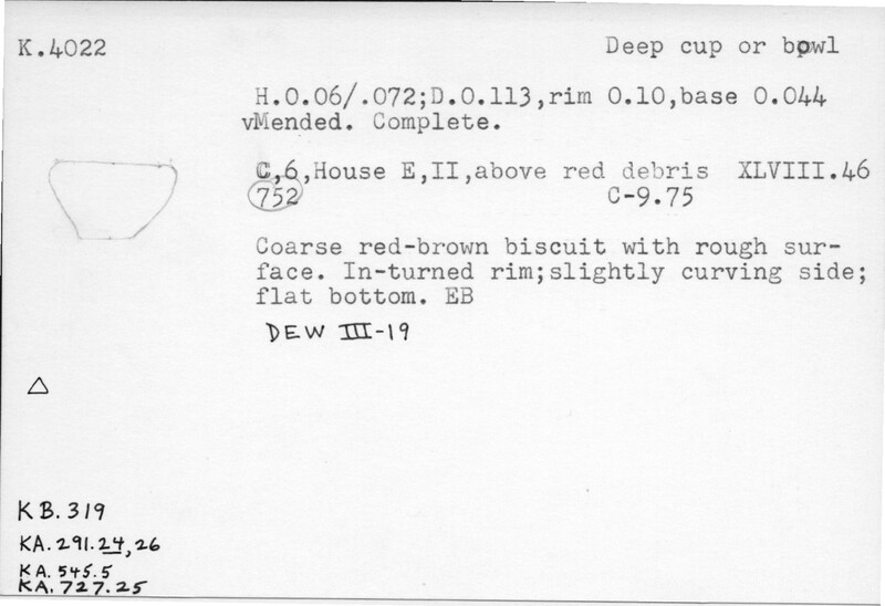 Index card with typed and handwritten information, sometimes including a sketch, of pottery from an excavation.