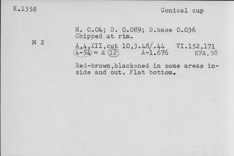 Index card with typed and handwritten information, sometimes including a sketch, of pottery from an excavation.