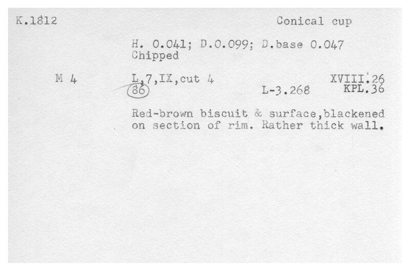 Index card with typed and handwritten information, sometimes including a sketch, of pottery from an excavation.
