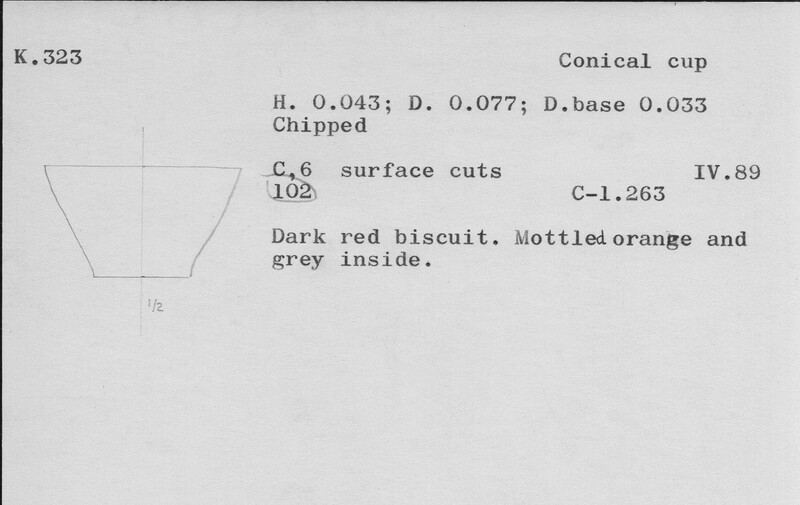 Index card with typed and handwritten information, sometimes including a sketch, of pottery from an excavation.
