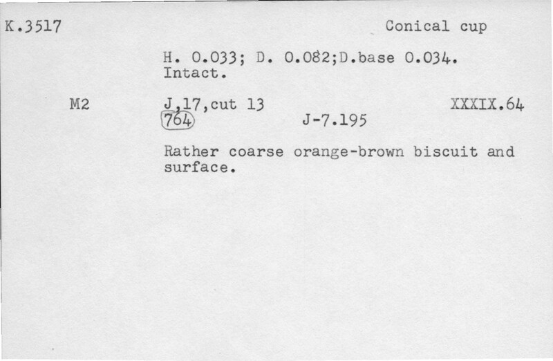 Index card with typed and handwritten information, sometimes including a sketch, of pottery from an excavation.