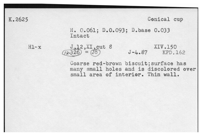 Index card with typed and handwritten information, sometimes including a sketch, of pottery from an excavation.