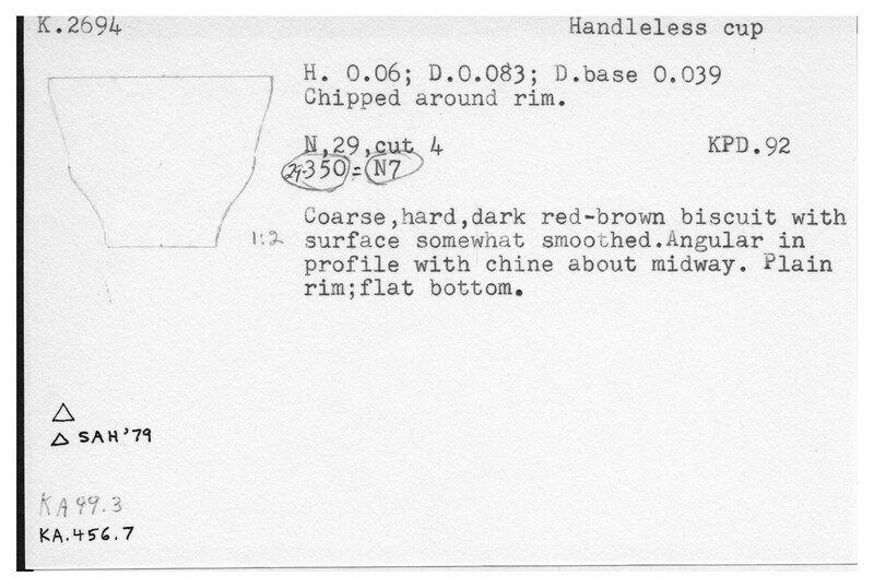 Index card with typed and handwritten information, sometimes including a sketch, of pottery from an excavation.