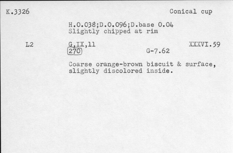 Index card with typed and handwritten information, sometimes including a sketch, of pottery from an excavation.