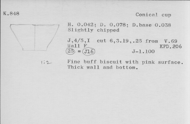 Index card with typed and handwritten information, sometimes including a sketch, of pottery from an excavation.