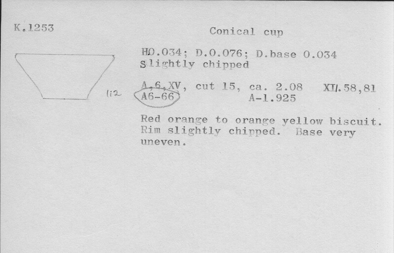 Index card with typed and handwritten information, sometimes including a sketch, of pottery from an excavation.