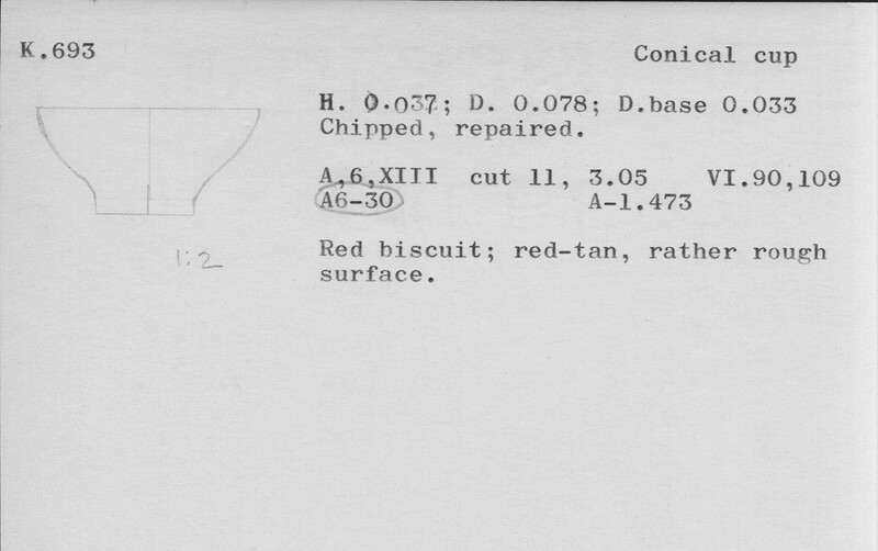 Index card with typed and handwritten information, sometimes including a sketch, of pottery from an excavation.