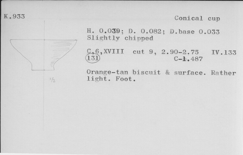 Index card with typed and handwritten information, sometimes including a sketch, of pottery from an excavation.