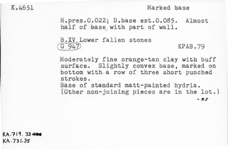 Index card with typed and handwritten information, sometimes including a sketch, of pottery from an excavation.