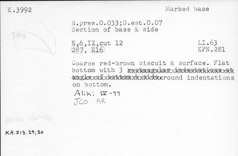 Index card with typed and handwritten information, sometimes including a sketch, of pottery from an excavation.