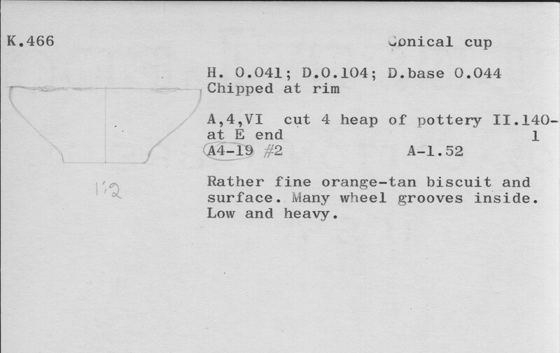 Index card with typed and handwritten information, sometimes including a sketch, of pottery from an excavation.
