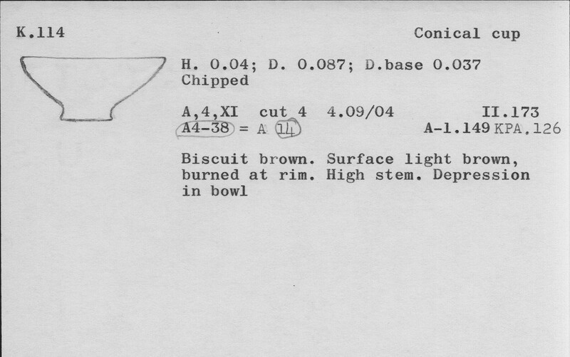 Index card with typed and handwritten information, sometimes including a sketch, of pottery from an excavation.