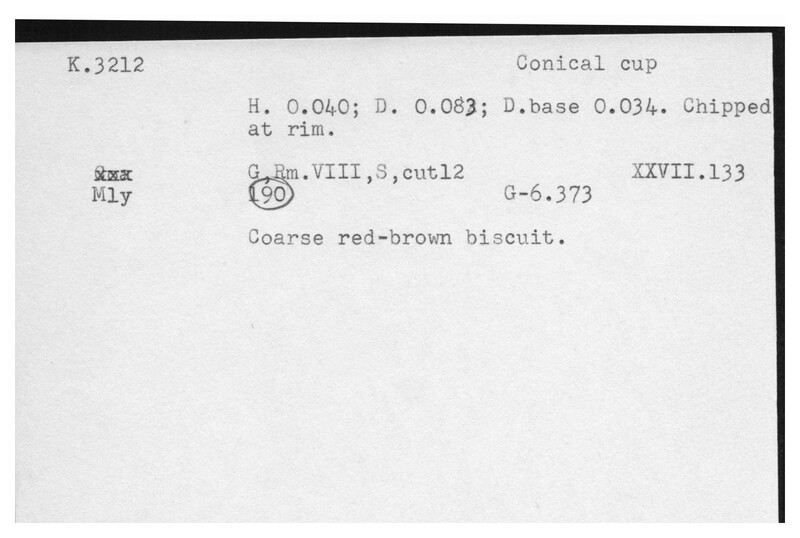 Index card with typed and handwritten information, sometimes including a sketch, of pottery from an excavation.