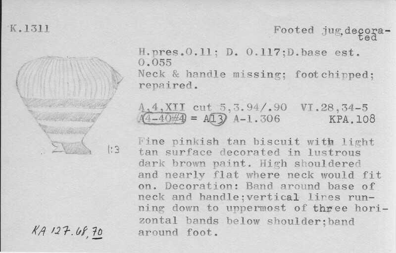 Index card with typed and handwritten information, sometimes including a sketch, of pottery from an excavation.
