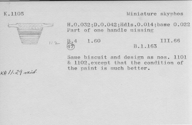 Index card with typed and handwritten information, sometimes including a sketch, of pottery from an excavation.