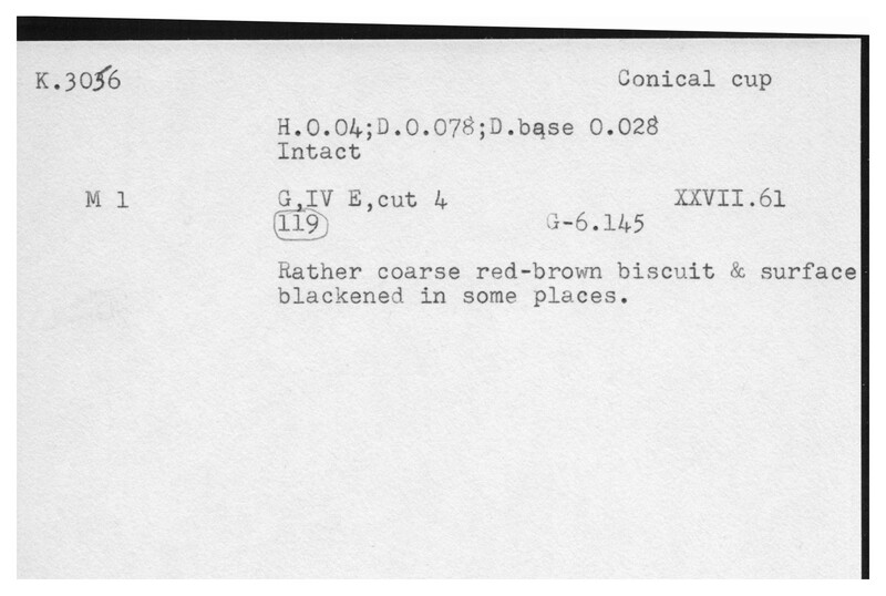 Index card with typed and handwritten information, sometimes including a sketch, of pottery from an excavation.