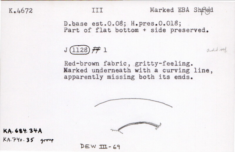 Index card with typed and handwritten information, sometimes including a sketch, of pottery from an excavation.