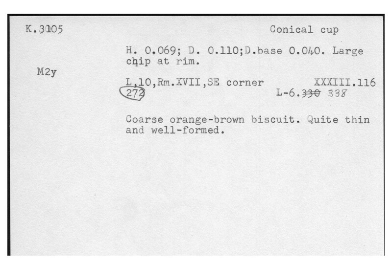 Index card with typed and handwritten information, sometimes including a sketch, of pottery from an excavation.