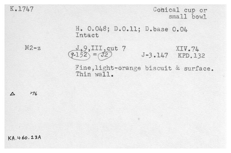 Index card with typed and handwritten information, sometimes including a sketch, of pottery from an excavation.