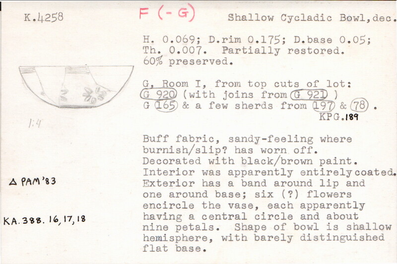 Index card with typed and handwritten information, sometimes including a sketch, of pottery from an excavation.