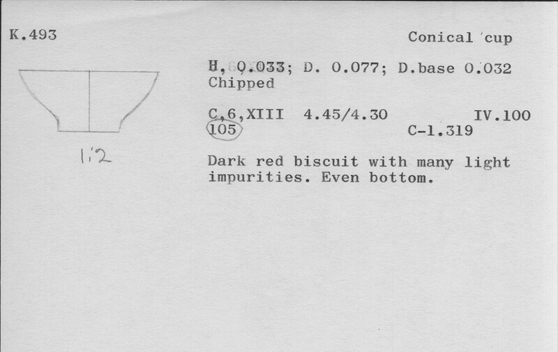 Index card with typed and handwritten information, sometimes including a sketch, of pottery from an excavation.