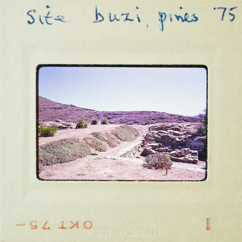 Old photograph of a desert landscape with rocky terrain and sparse vegetation, possibly from the 1970s.