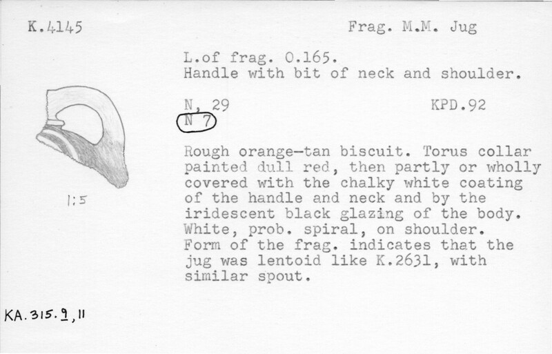 Index card with typed and handwritten information, sometimes including a sketch, of pottery from an excavation.
