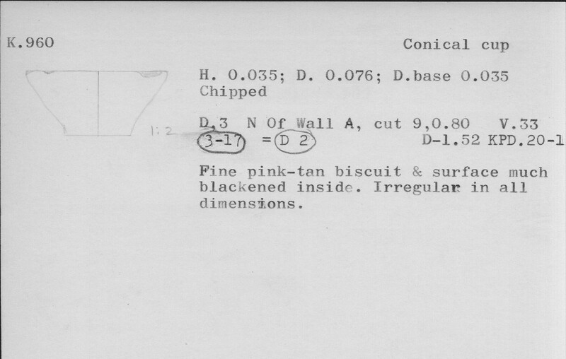 Index card with typed and handwritten information, sometimes including a sketch, of pottery from an excavation.