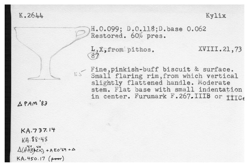Index card with typed and handwritten information, sometimes including a sketch, of pottery from an excavation.