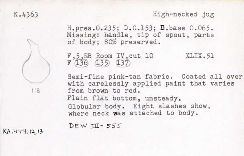 Index card with typed and handwritten information, sometimes including a sketch, of pottery from an excavation.