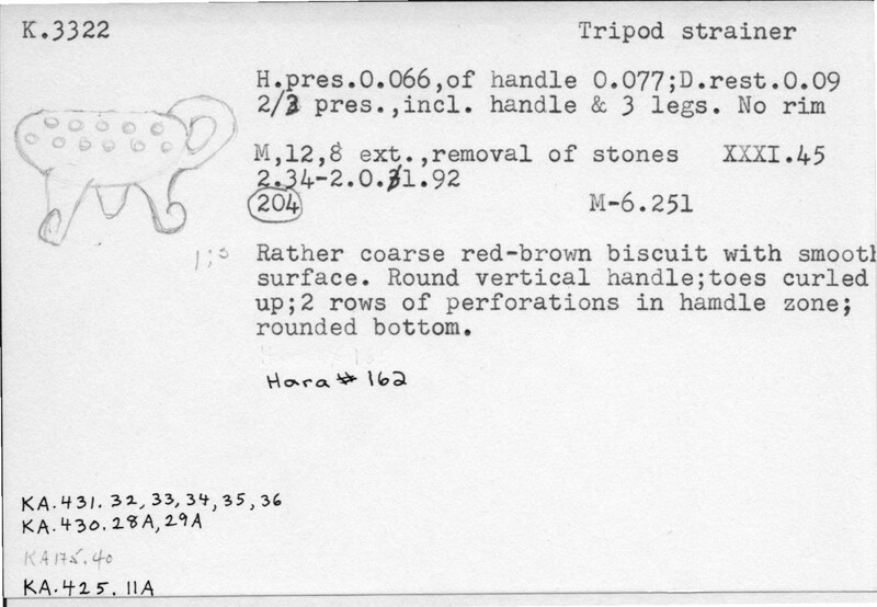Index card with typed and handwritten information, sometimes including a sketch, of pottery from an excavation.