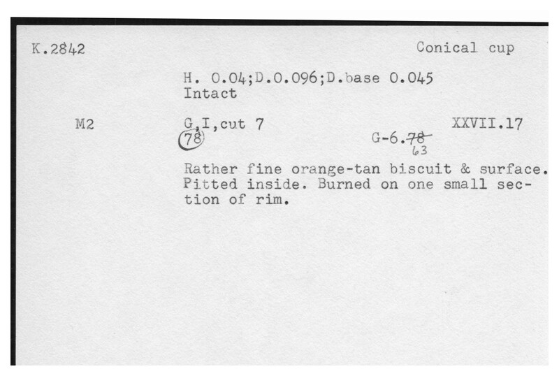 Index card with typed and handwritten information, sometimes including a sketch, of pottery from an excavation.