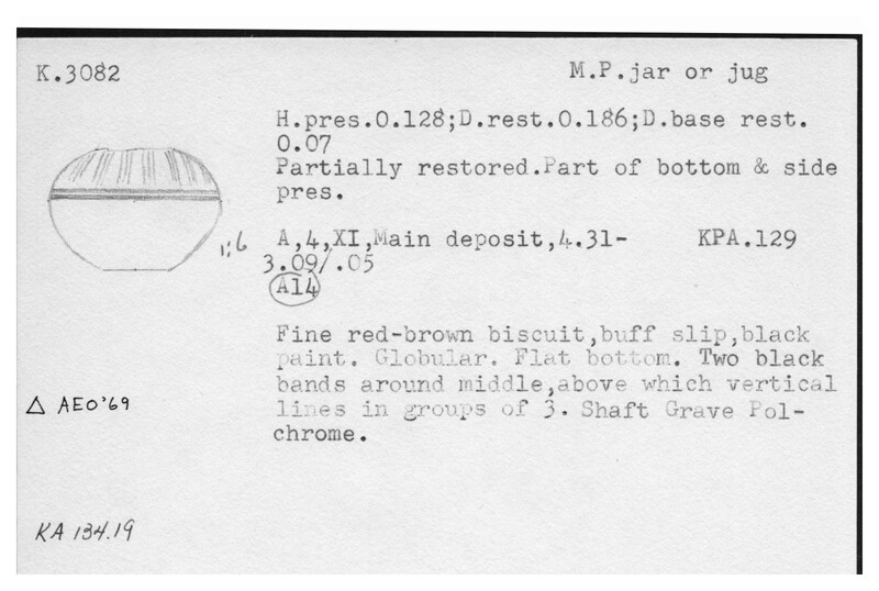 Index card with typed and handwritten information, sometimes including a sketch, of pottery from an excavation.