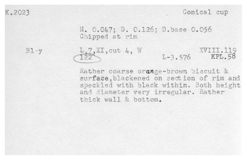 Index card with typed and handwritten information, sometimes including a sketch, of pottery from an excavation.