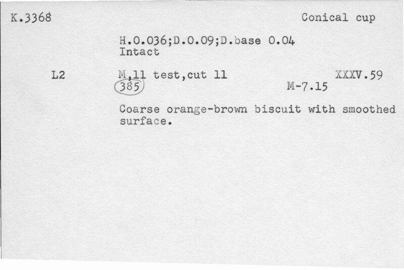 Index card with typed and handwritten information, sometimes including a sketch, of pottery from an excavation.