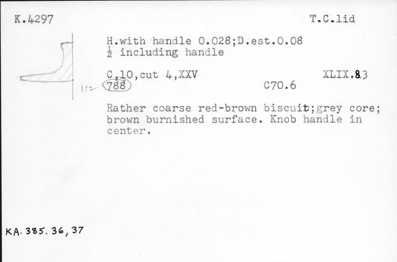 Index card with typed and handwritten information, sometimes including a sketch, of pottery from an excavation.