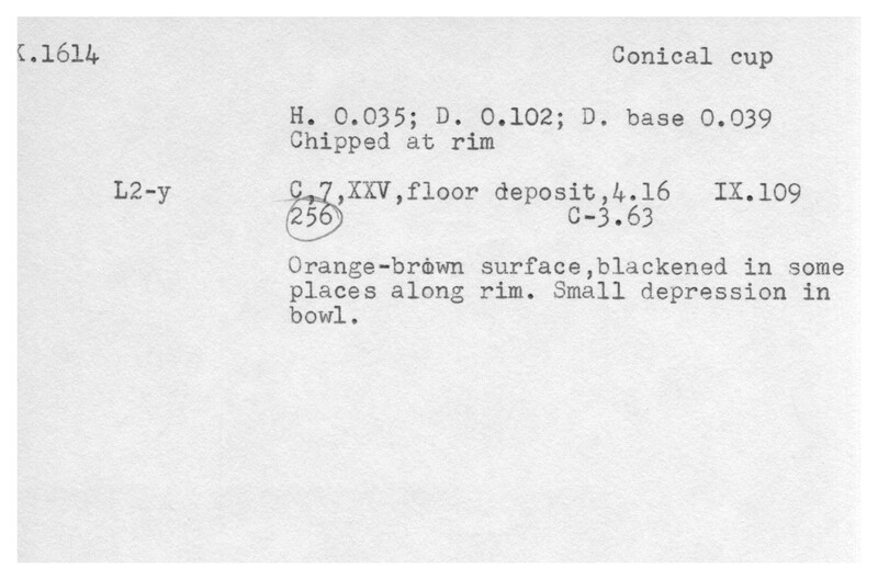 Index card with typed and handwritten information, sometimes including a sketch, of pottery from an excavation.