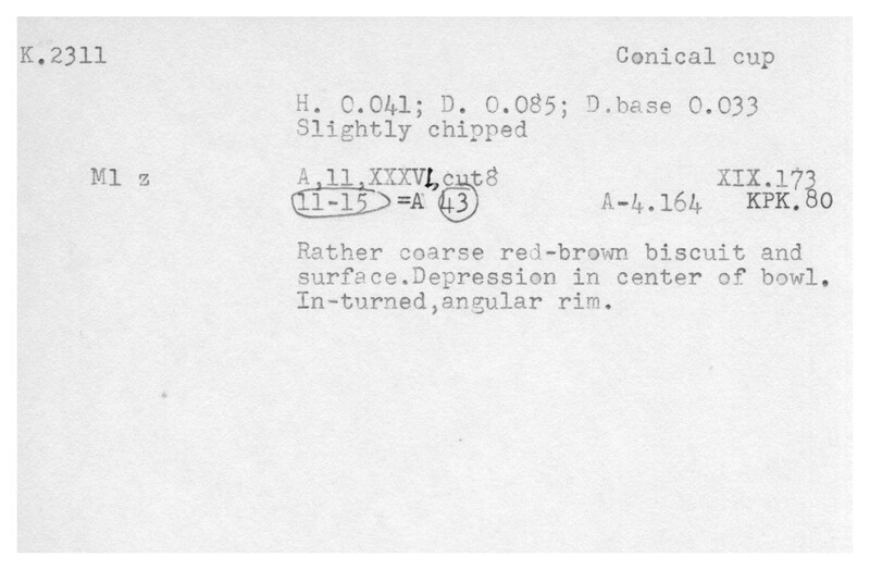 Index card with typed and handwritten information, sometimes including a sketch, of pottery from an excavation.