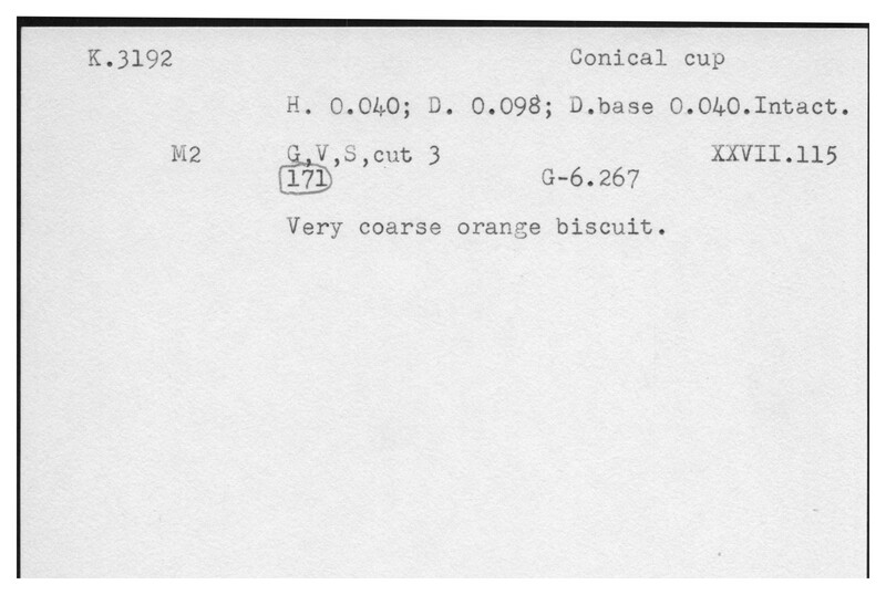 Index card with typed and handwritten information, sometimes including a sketch, of pottery from an excavation.