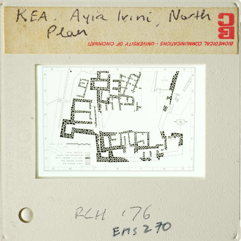 Map of KEA, Aiya Irini, North Plan with handwritten notes and annotations.