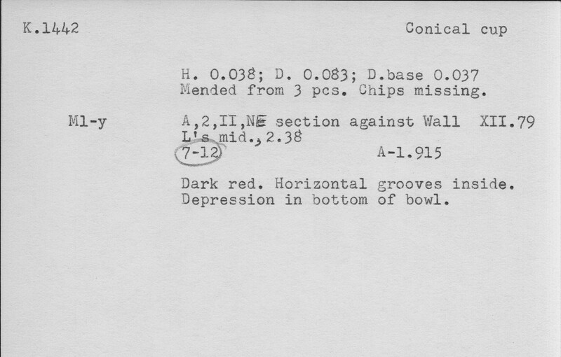 Index card with typed and handwritten information, sometimes including a sketch, of pottery from an excavation.