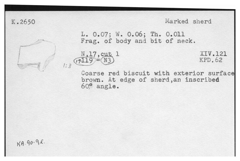 Index card with typed and handwritten information, sometimes including a sketch, of pottery from an excavation.