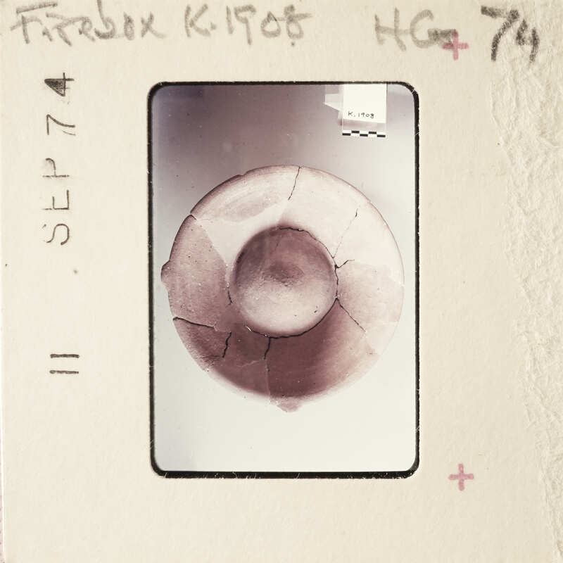 A close-up photograph of a cracked seashell, possibly an antique or historical item.