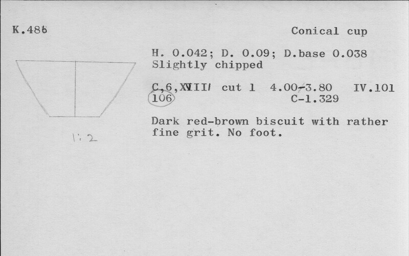 Index card with typed and handwritten information, sometimes including a sketch, of pottery from an excavation.