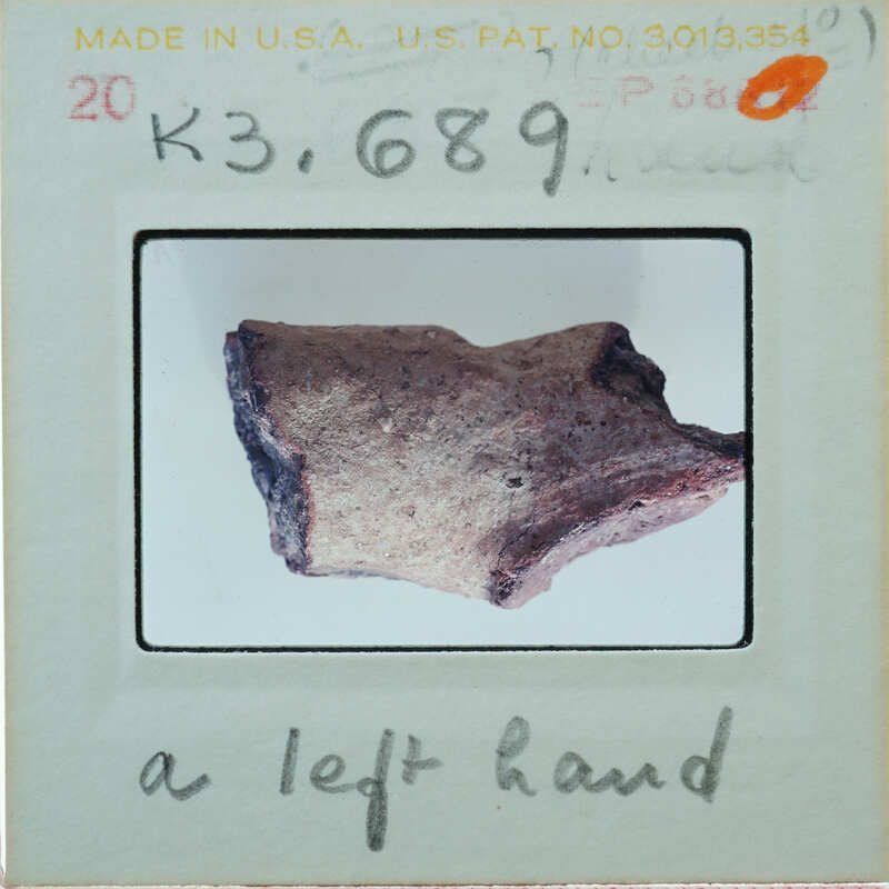 Fragment of terracotta hand on white background.