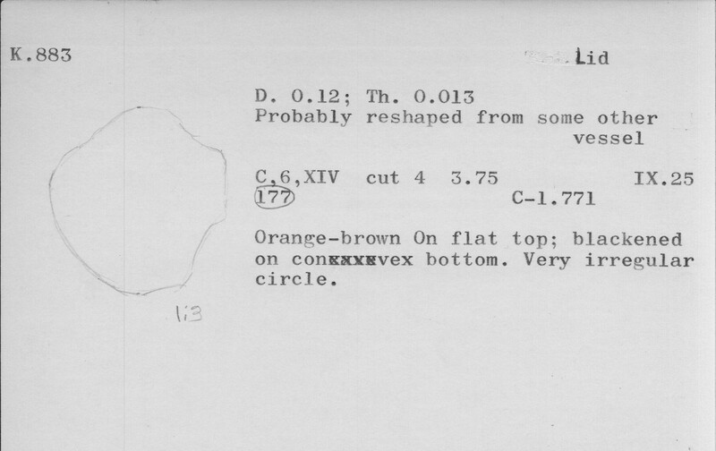 Index card with typed and handwritten information, sometimes including a sketch, of pottery from an excavation.