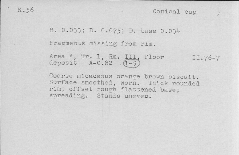 Index card with typed and handwritten information, sometimes including a sketch, of pottery from an excavation.