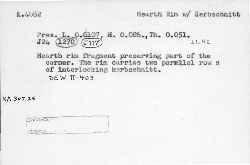 Index card with typed and handwritten information, sometimes including a sketch, of pottery from an excavation.