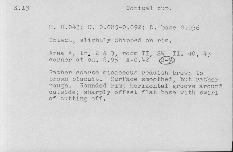 Index card with typed and handwritten information, sometimes including a sketch, of pottery from an excavation.